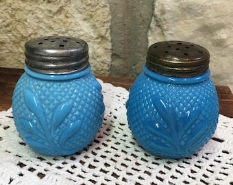 Vintage Opaque Shaker, Blue Diamond Point and Leaf Salt Shaker, 1800's Shaker