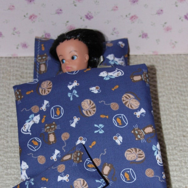Pedigree Sindy Doll Bedclothes. Dolls Duvet. Cat Fabric. Daisy Doll Bedding.