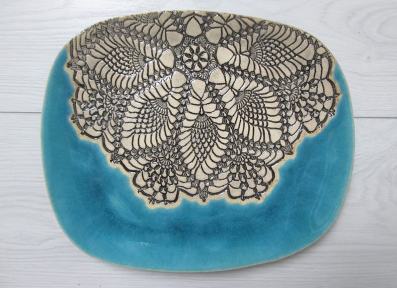 ceramic plate with lace turquoise platter decorative tray turquoise plate with lace ceramic handmade tray artistic plate folk platter