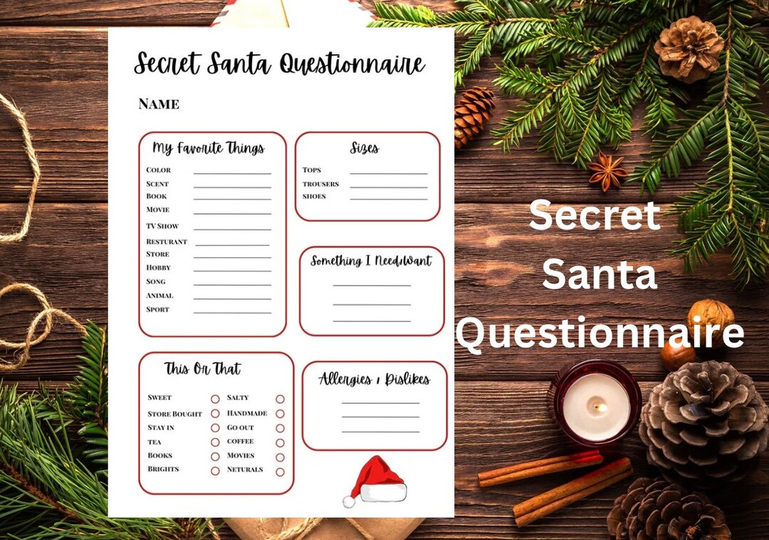 PRINTABLE Secret Santa Questionnaire Template for Work/office Family ...
