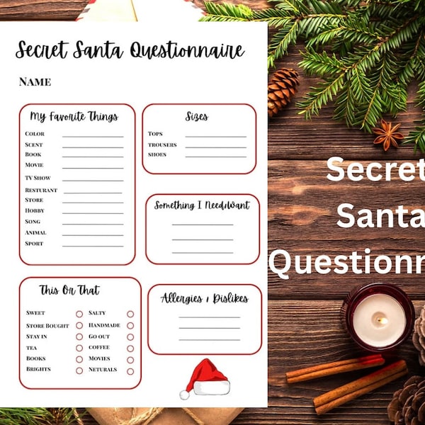 PRINTABLE Secret Santa Questionnaire template for work/office family Gift Exchange,Christmas Holiday Party Games Printable,Work Secret Santa