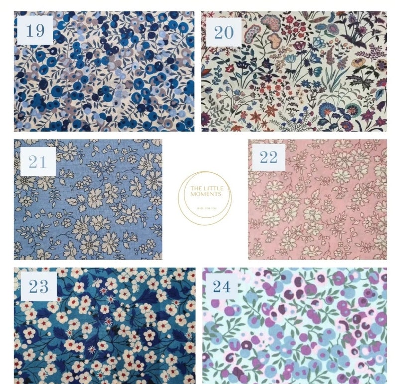 May include: A collage of six different fabric swatches with floral patterns. The swatches are numbered 19, 20, 21, 22, 23, and 24. The swatches are all different colors and patterns, including blue, pink, white, and green.