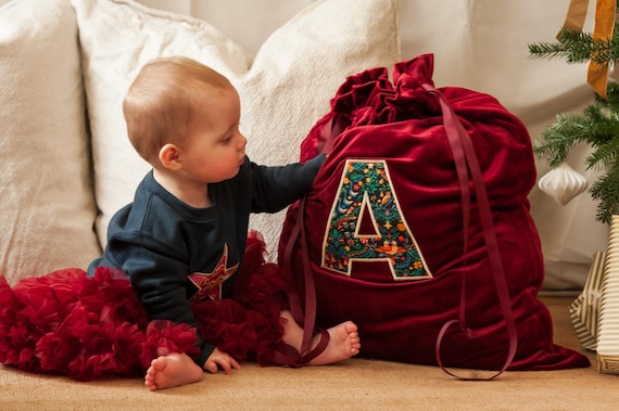 Luxury velvet liberty Christmas Santa Sack: Embroidered Initial velvet Keepsake