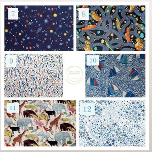 May include: A collage of 6 fabric swatches with different patterns. The swatches are numbered 7 through 12. The patterns include stars, cars, abstract shapes, sailboats, animals, and a moon with stars.