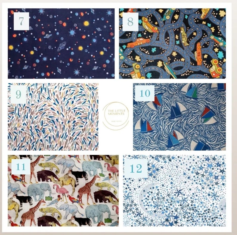 May include: A collage of 6 fabric swatches with different patterns. The swatches are numbered 7 through 12. The patterns include stars, cars, abstract shapes, sailboats, animals, and a moon with stars.