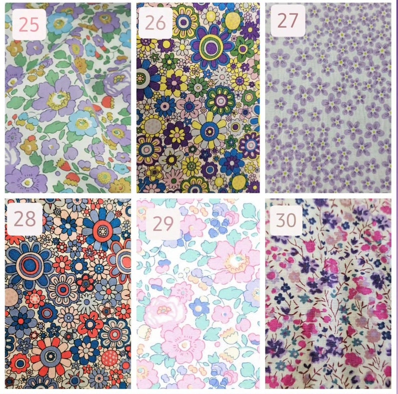 May include: Six different fabric swatches with floral patterns. The swatches are numbered 25 through 30. The patterns include small purple flowers on a white background, large colorful flowers on a yellow background, small purple flowers on a light purple background, large colorful flowers on a white background, pink flowers on a white background, and small purple and pink flowers on a white background.
