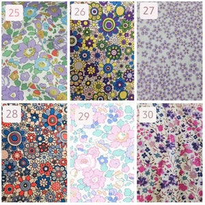 Może przedstawiać: Sześć r&oacute;żnych pr&oacute;bek tkaniny z wzorami kwiatowymi. Pr&oacute;bki są ponumerowane od 25 do 30. Wzory obejmują małe fioletowe kwiaty na białym tle, duże kolorowe kwiaty na ż&oacute;łtym tle, małe fioletowe kwiaty na jasnofioletowym tle, duże kolorowe kwiaty na białym tle, r&oacute;żowe kwiaty na białym tle oraz małe fioletowe i r&oacute;żowe kwiaty na białym tle.