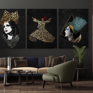 May include: Three framed art prints with black backgrounds and gold calligraphy. The prints feature a woman with a crown of calligraphy, a figure in a whirling dervish pose, and a woman with a headdress.