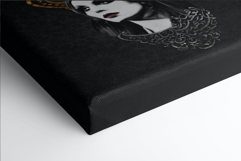 May include: A black and white canvas print of a woman with a gold crown and a necklace made of Arabic calligraphy. The background is black.