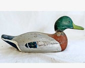 Great Antique Carved Wood Hunting Decoy Early Primitive Folk Art Duck Original Paint Green Red Ornithology Rustic Cabin