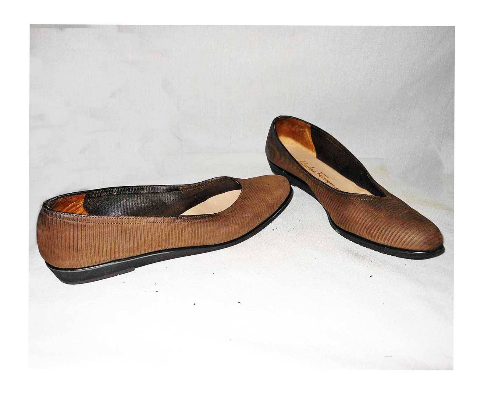 wedge flats salvatore ferragamo pumps ribbed brown leather ballet pointy 9 3a woman shoes