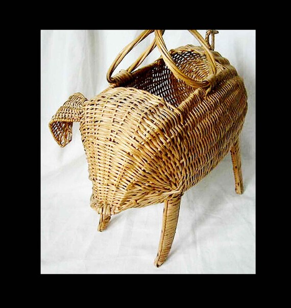 Vintage 50s Wicker Handbag Pig Basket Bag Tote Fi