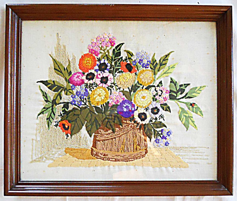 Floral Vintage Crewel Needlework Needlepoint Wild Country Flowers in Farm Wooden Bucket Frame Wall Hanging 18x22 Large Scale Decor