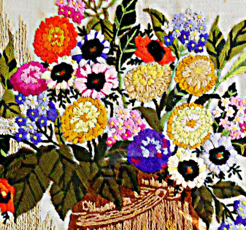 Floral Vintage Crewel Needlework Needlepoint Wild Country Flowers in Farm Wooden Bucket Frame Wall Hanging 18x22 Large Scale Decor