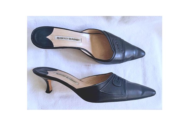 mid heels black suede leather open back formal shoes point square toes size 37 1\\2 EUR Todds Vintage 90s Italian slingbacks