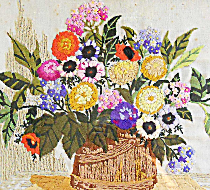 Floral Vintage Crewel Needlework Needlepoint Wild Country Flowers in Farm Wooden Bucket Frame Wall Hanging 18x22 Large Scale Decor