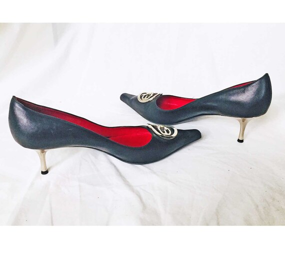 Vintage Escada 90's Pumps Steel Kitten Pin Heels Black | Etsy Escada Shoes | Black Pumps With Beading | Poshmark