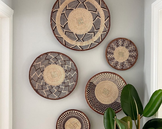 A Set of 5 Large Tonga Wall Baskets, African Wall Hanging Baskets, Boho