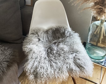 Curly Sheepskin Seat Pads, Tibetan Chair Pads, Fluffy and Soft Chair Pads, 100% Natural Eco tanned - Pearl Grey