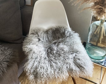 Curly Sheepskin Seat Pads, Tibetan Chair Pads, Fluffy and Soft Chair Pads, 100% Natural Eco tanned - Pearl Grey