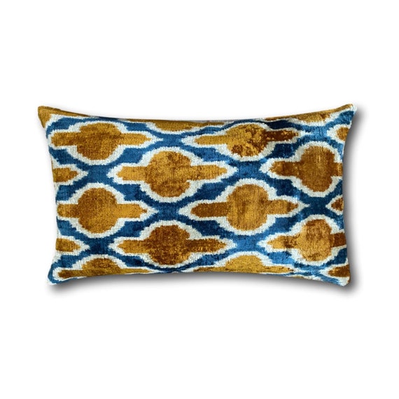 Cushion Covers Velvet Ikat Cushion Cover Blue and Orange Rust