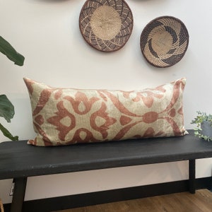 Fundas de almohada lumbar, terciopelo Ikat, almohada de cama larga rosa y crema, cojín de banco, 40 x 90 cm, almohada decorativa de 16&quot; x 35&quot;