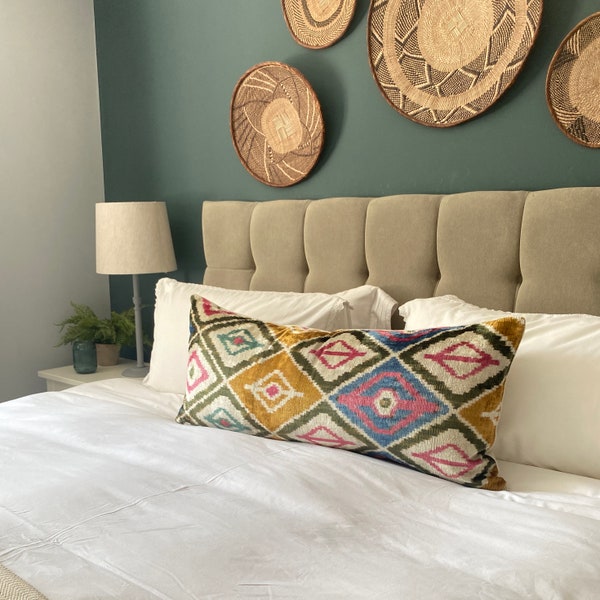 Mustard Pink and Green Long Bed Pillow, Lumbar Cushion Cover, Silk Ikat Velvet Bench Cushion, 40 x 90 cm, 16" x 35" Decorative Pillow