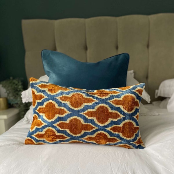 Cushion Covers, Velvet Ikat cushion Cover, Blue and Orange Rust Velvet Cushion Pillow Cover, 30 x 50 cm, 40 x 60 cm Decorative Pillow Cover
