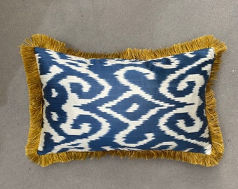 Blue Silk Ikat Cushion Pillow Covers with Gold Fringe, 30 x 50 cm, Bright Colourful Decorative Pillow