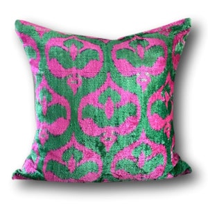Fundas de cojín, Fundas de almohada, Cojines Ikat, Funda de almohada de cojín Ikat de terciopelo rosa intenso y verde, 50 x 50 cm, Almohada decorativa