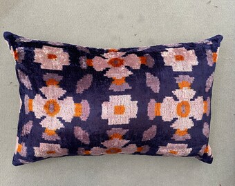 Purple and Orange Silk Velvet Ikat cushion covers, Bolster Pillow Cover, 40 x 60 cm