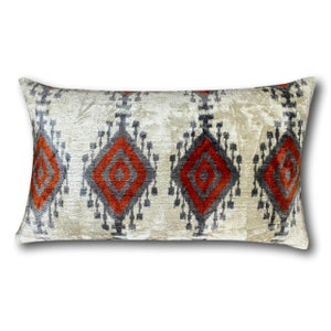 Grey and Orange Ikat Velvet Cushion Pillow Covers, 30 x 50 cm, Bright Colourful Decorative Pillow