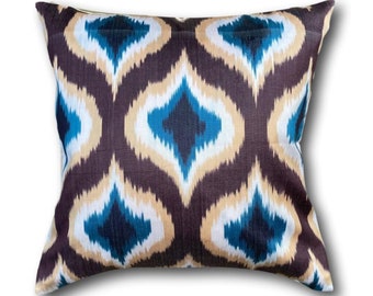 Blue and Brown Diamond Ikat Decorative Cushion Pillow Cover, 50 x 50 cm