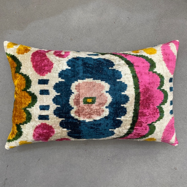 Colourful Silk Velvet Ikat cushion covers, Bolster Pillow Cover, 40 x 60 cm