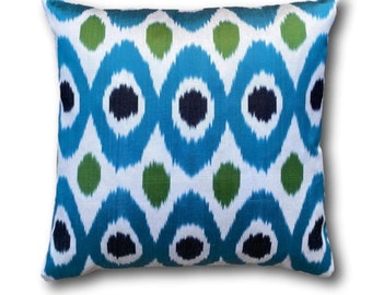 Blue Green and Black Dot Ikat Decorative Cushion Pillow Cover, 50 x 50 cm