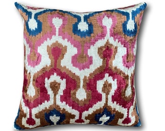 Cushion covers, Pillow covers, Ikat cushions, Pink, Blue and Copper Velvet Ikat Cushion Pillow Cover, 50 x 50 cm, Decorative Pillow