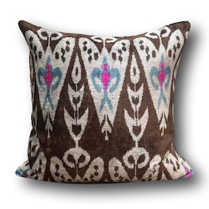 Fundas de cojín, Fundas de almohada, Cojines Ikat, Funda de almohada de cojín Ikat de terciopelo marrón y rosa, 50 x 50 cm, Almohada decorativa