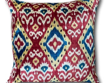 Red and Blue Ikat Velvet Cushion Covers, Scatter Pillows, Cushion Pillow Cover, 60 x 60 cm, Dopamine Decor, Bright and Colourful Cushions