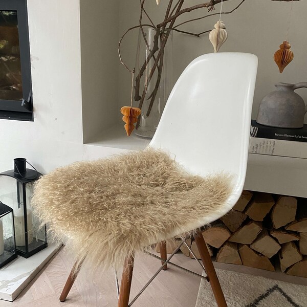 Curly Sheepskin Seat Pads, Tibetan Chair Pads, Fluffy and Soft Chair Pads, 100% Natural Eco tanned - Champagne Gold