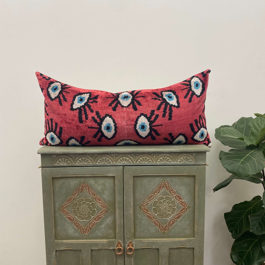 Lumbar Pillow Covers Ikat Velvet Red Eye Funky Velvet Long Etsy