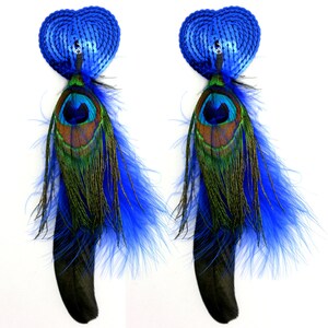 NIP301BLU Sequin Heart Shaped Nipple Covers with Feathers, Blue