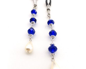 NIP34 Nipple Clamp Tweezer Chrome Blue Beads Pearl Drop