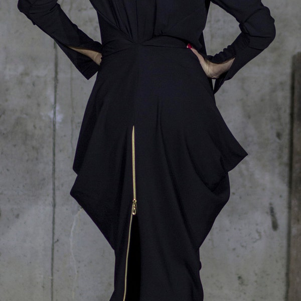 Amphora Black Evening Dress | Full Slit Sleeve | Zip Dress | Back Zip Dress | Scoop Neck Dress by Silvia Monetti