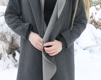 Dark grey wool coat | Long wool coat | Wavy front coat | Frilly, elegant, stylish coat by Silvia Monetti