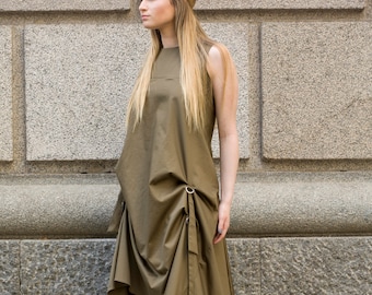 Asymmetric bunched up midi dress | High low dress | Green dress with hoops by Silvia Monetti