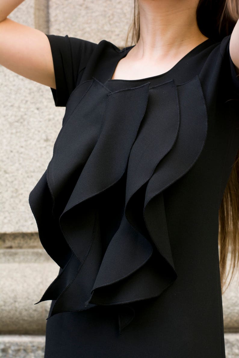 Ruffle Front Dress by Silvia Monetti Scoop Neck Bell Dress Short Sleeve Shift Day and Evening Dress