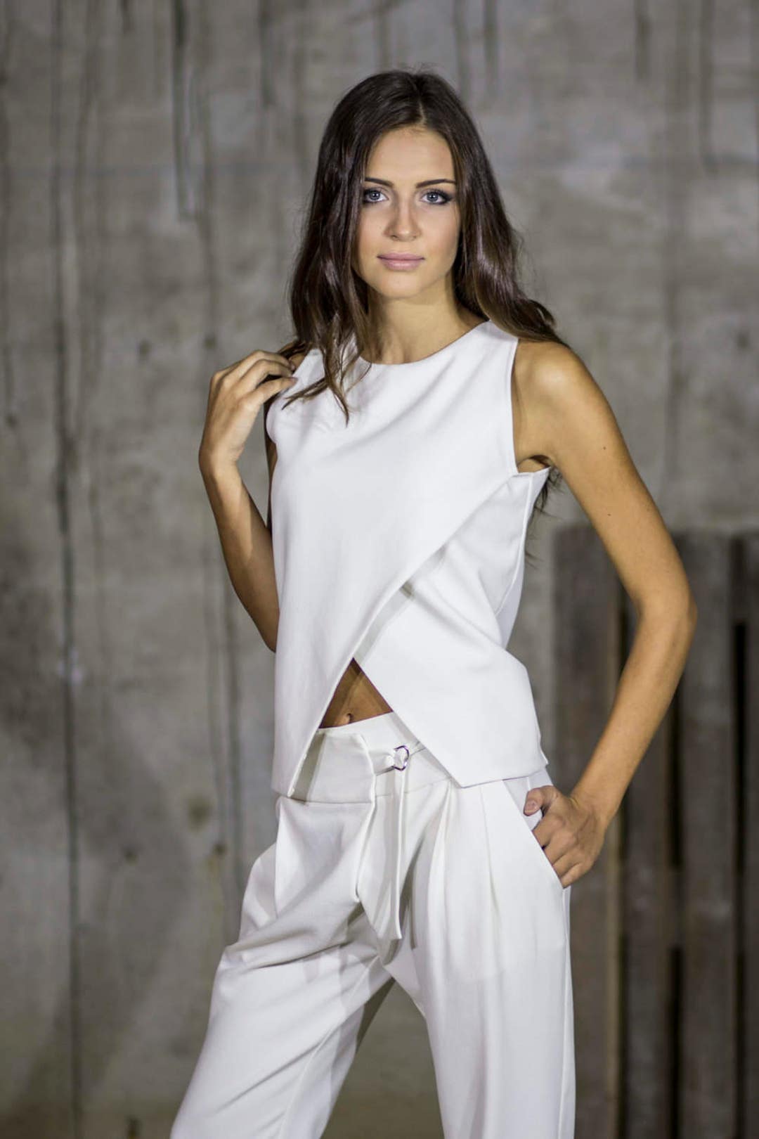 Wrap Front White Tank Top Zip up Top Short White Top by Silvia