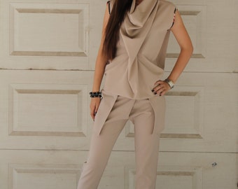 Beige Tank Top and Long Trousers | Sleeveless Top | Cowl Neck Top | Faux Pocket Trousers | Wrapover Trousers | Long Pants by Silvia Monetti