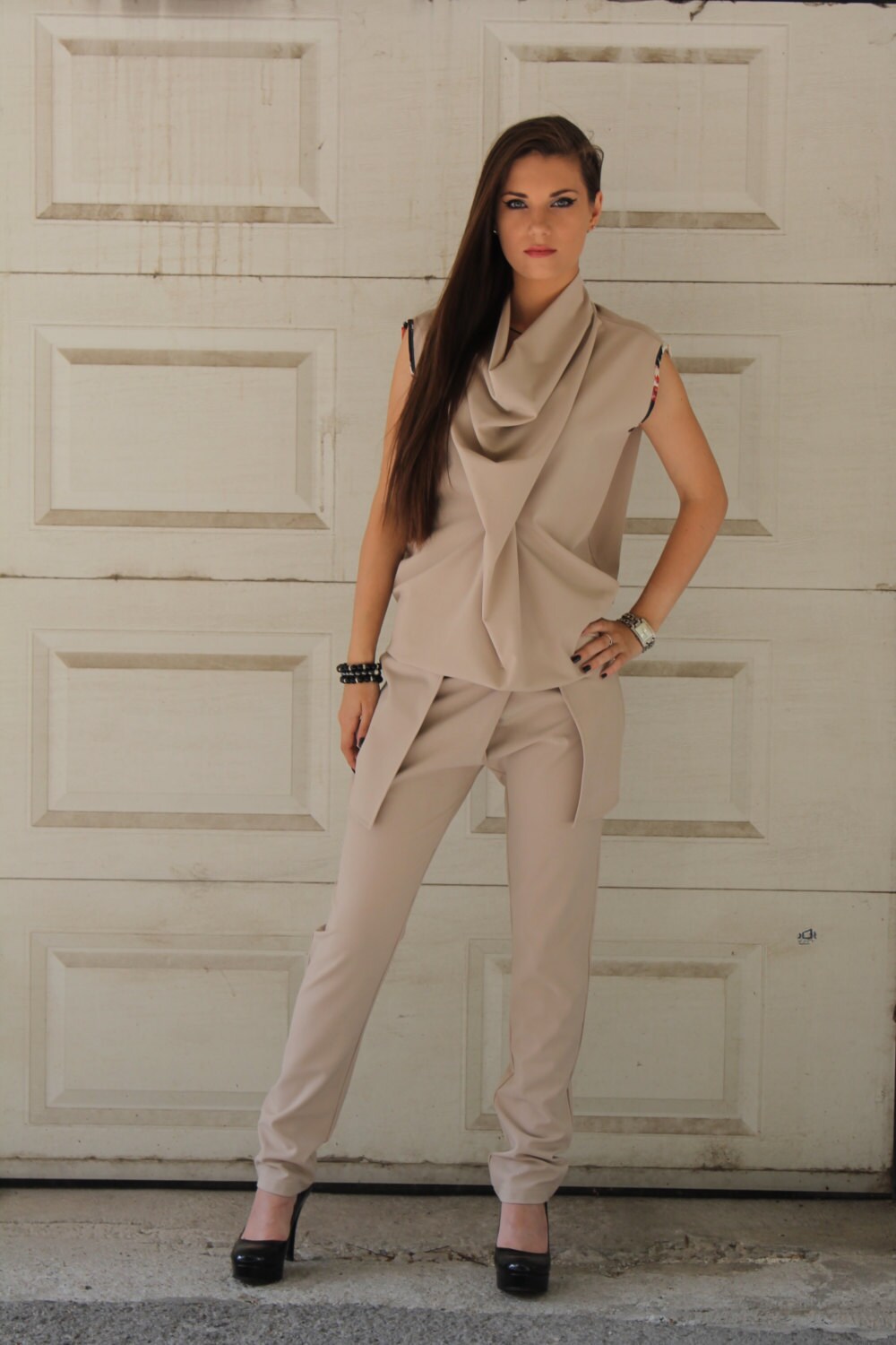 Image of Beige Tank Top & Long Trousers | Sleeveless Cowl Neck Faux Pocket Wrapover Pants By Silvia Monetti