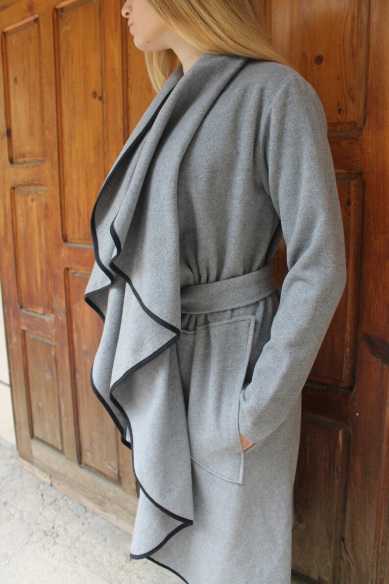 Grey Woollen Long Coat Gray Belted Coat Wool Coat Wavy Etsy